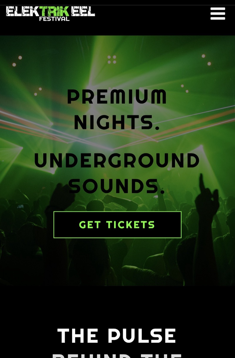 Elektrik Eel Festival website shown on a phone: green laser-lit crowd with the headline Premium nights. Underground sounds.