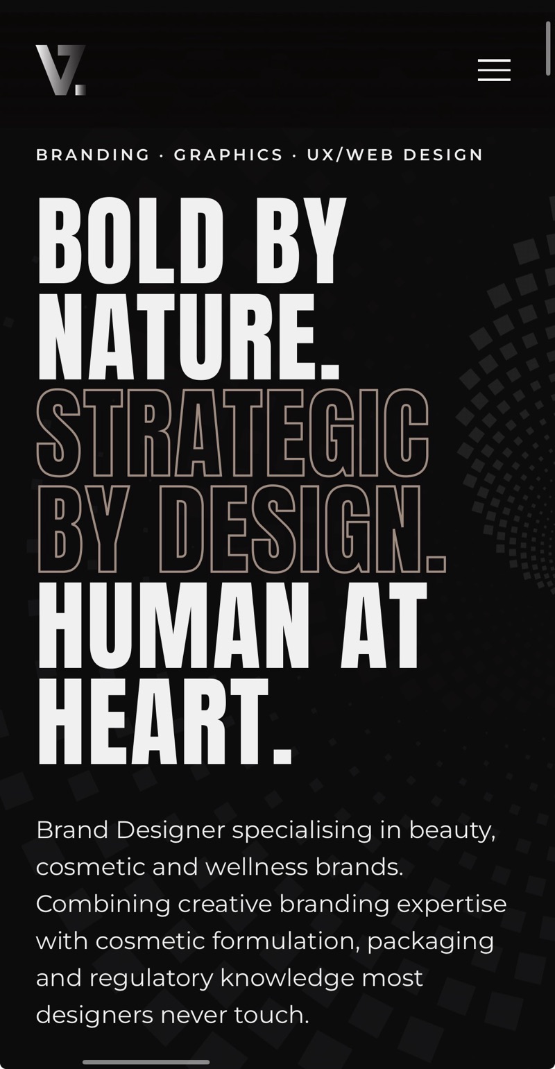 Vanessa Zuj brand designer website shown on a phone: bold black and white hero reading Bold by nature. Strategic by design. Human at heart.